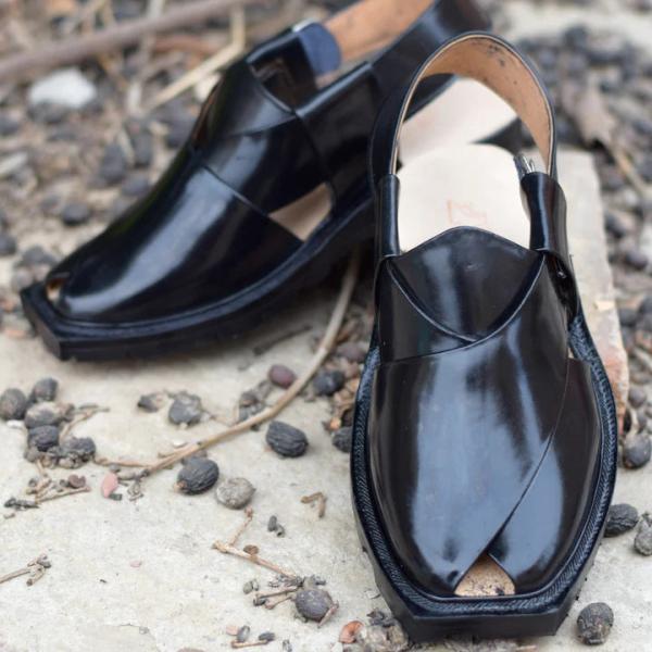 Plain Black Norozi Chappal Traditional Peshawari Design,